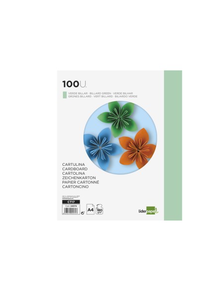 Cartulina liderpapel a4 180g m2 verde paquete de 100 hojas