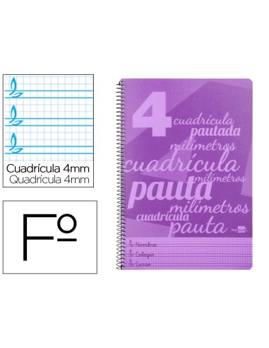 Cuaderno espiral liderpapel folio pautaguia tapa plastico 80h 75gr cuadro pautado 4mm con margen color violeta