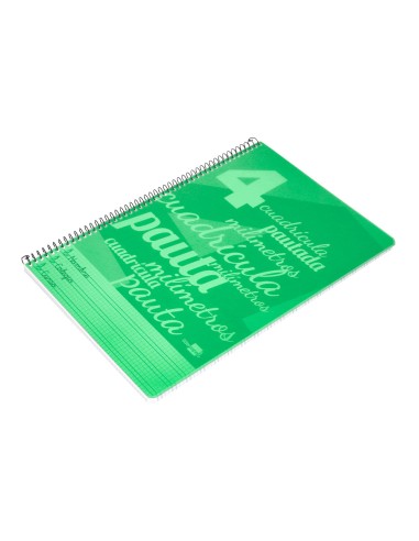 Cuaderno espiral liderpapel folio pautaguia tapa plastico 80h 75gr cuadro pautado 4mm con margen color verde