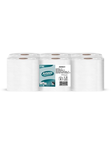 Papel secamanos amoos industrial 2 capas 32g m2 celulosa blanco 60 mt paquete de 6 bobinas