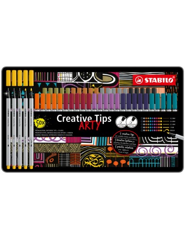 Rotulador stabilo creative tips arty line pastel 5 puntas diferentes por color estuche metalico de 30