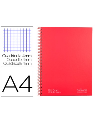 Cuaderno espiral navigator a4 tapa dura 80h 80gr cuadro 4mm con margen rojo