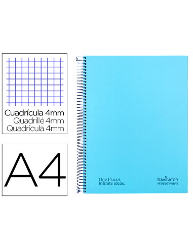 Cuaderno espiral navigator a4 tapa dura 80h 80gr cuadro 4mm con margen azul claro