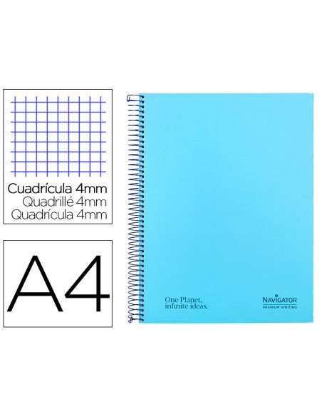 Cuaderno espiral navigator a4 tapa dura 80h 80gr cuadro 4mm con margen azul claro