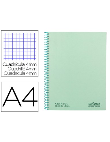 Cuaderno espiral navigator a4 tapa dura 80h 80gr cuadro 4mm con margen menta