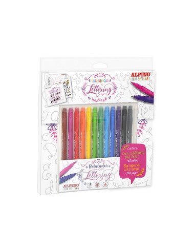 Set de dibujo alpino iniciacion al lettering 12 rotuladores punta fina y punta pincel colores surtidos
