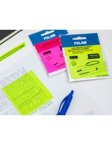 Bloc de notas adhesivas quita y pon milan 76x76 mm removible plastico translucido amarillo fluor 50 hojas