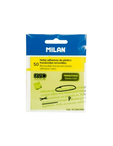 Bloc de notas adhesivas quita y pon milan 76x76 mm removible plastico translucido amarillo fluor 50 hojas