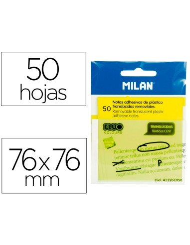 Bloc de notas adhesivas quita y pon milan 76x76 mm removible plastico translucido amarillo fluor 50 hojas