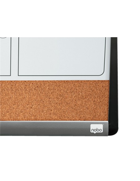 Planificador mensual nobo magnetico tablero corcho horizontal con marco arqueado plata y negro 585x430 mm