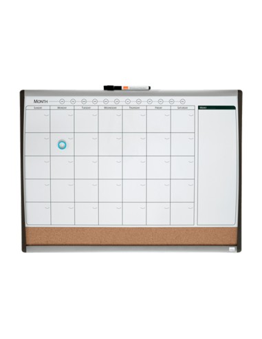 Planificador mensual nobo magnetico tablero corcho horizontal con marco arqueado plata y negro 585x430 mm