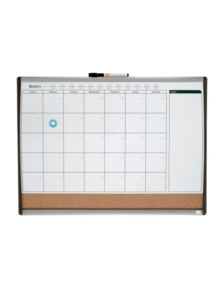 Planificador mensual nobo magnetico tablero corcho horizontal con marco arqueado plata y negro 585x430 mm