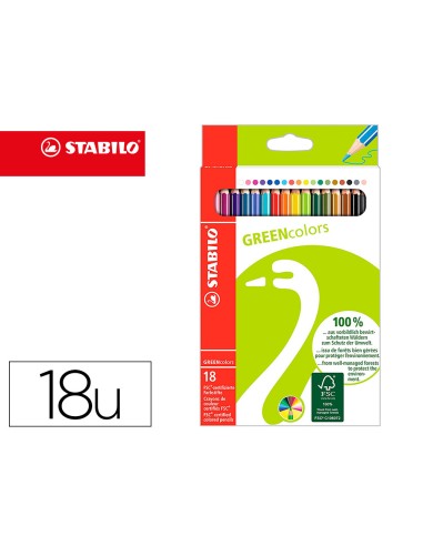 Lapices de colores stabilo green colors con certificado fsc estuche carton de 18 unidades colores surtidos