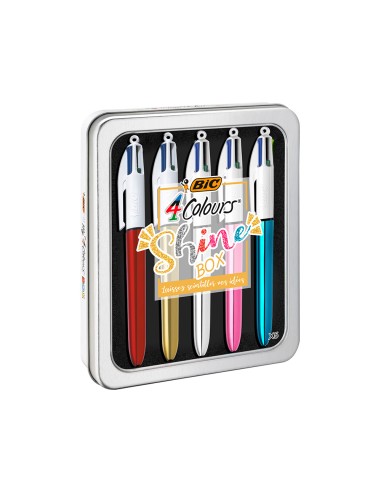 Boligrafo bic cuatro colores shine box caja metalica 5 unidades surtidas