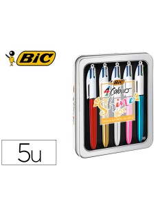 Boligrafo bic cuatro colores shine box caja metalica 5 unidades surtidas