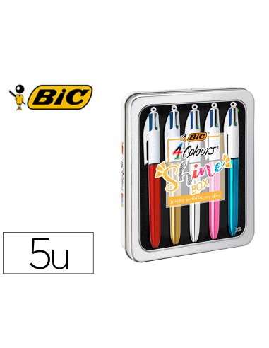 Boligrafo bic cuatro colores shine box caja metalica 5 unidades surtidas