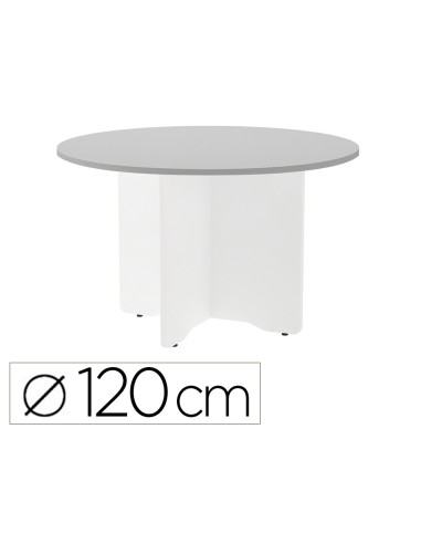 Mesa de reunion rocada redonda 3006aw02 estructura madera en aspas color blanco tablero gris 120cm diametro