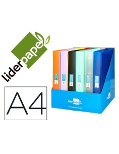Carpeta liderpapel 4 anillas 25mm mixtas polipropileno din a4 colores surtidos expositor de 12 unidades
