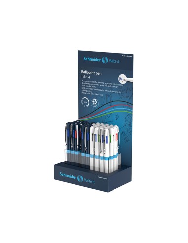 Boligrafo schneider take 4 reciclado 92 cuatro colores expositor de 36 unidades 160x100x305 mm