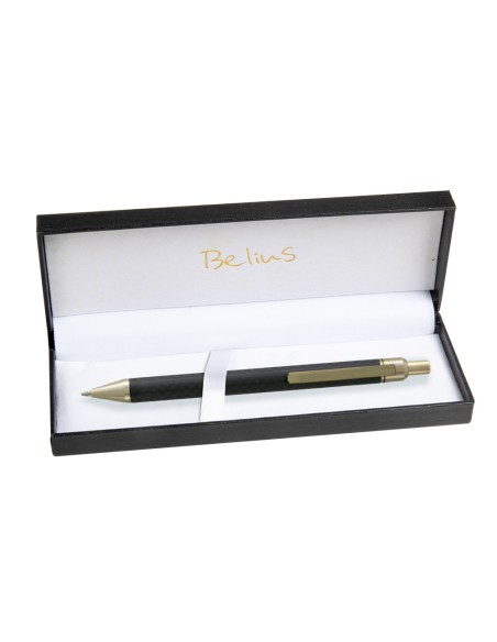 Boligrafo belius potsdam negro y dorado cuerpo fibra carbon tinta gel azul en estuche Boligrafo belius potsdam negro y dorado cuerpo fibra carbon tinta gel azul en estuche