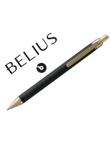 Boligrafo belius potsdam negro y dorado cuerpo fibra carbon tinta gel azul en estuche