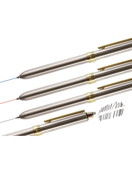 Boligrafo milan multifuncion cromado adornos dorados azul rojo portaminas 05 mm goma de borrar en caja metal