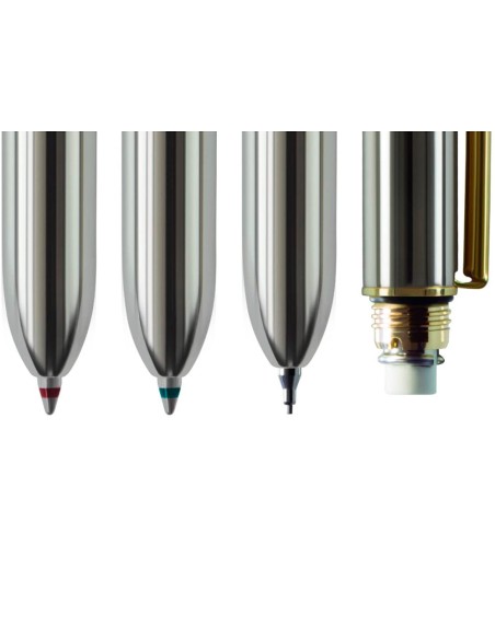 Boligrafo milan multifuncion cromado adornos dorados azul rojo portaminas 05 mm goma de borrar en caja metal