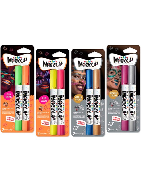 Barra de maquillaje carioca mask up neon metallic expositor 12 blister de 2 barras colores surtidos