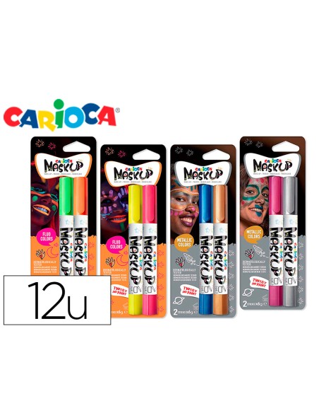 Barra de maquillaje carioca mask up neon metallic expositor 12 blister de 2 barras colores surtidos