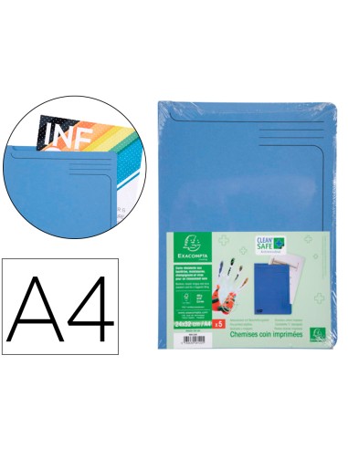 Carpeta dossier unero exacompta clean safe cartulina 400 gr din a4 azul paquete de 5 unidades