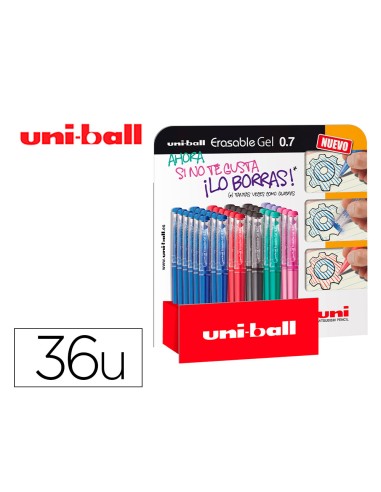 Rotulador uni ball roller uf 222 tinta gel borrable 07 mm expositor de 36 unidades colores surtidos