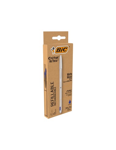 Boligrafo bic cristal renew tinta azul con cuerpo en aluminio mate mas 2 recambios en caja carton