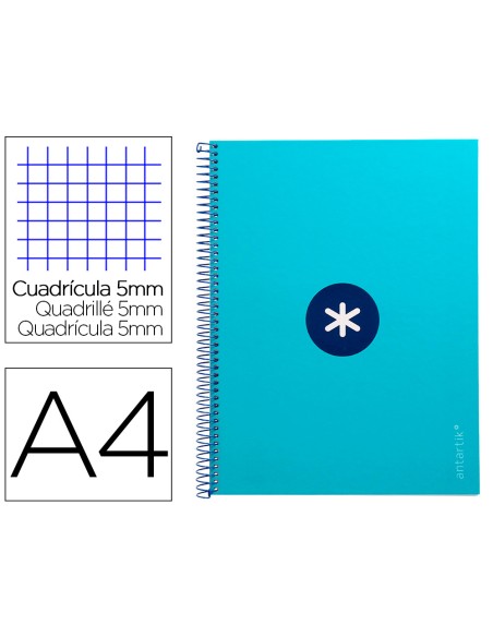 Cuaderno espiral a4 micro antartik tapa forrada 80h 90 gr cuadro 5mm 1 banda 4 taladros turquesa