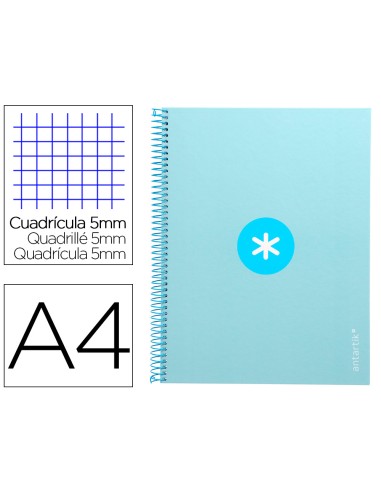 Cuaderno espiral a4 micro antartik tapa forrada 80h 90 gr cuadro 5mm 1 banda 4 taladros celeste