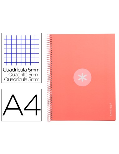 Cuaderno espiral a4 micro antartik tapa forrada 80h 90 gr cuadro 5mm 1 banda 4 taladros rosa claro