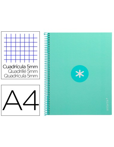 Cuaderno espiral a4 micro antartik tapa forrada 80h 90 gr cuadro 5mm 1 banda 4 taladros menta