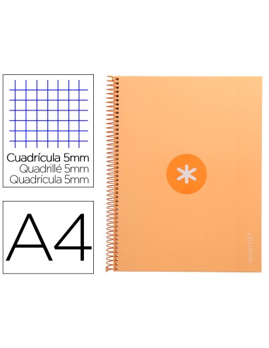 Cuaderno espiral a4 micro antartik tapa forrada 80h 90 gr cuadro 5mm 1 banda 4 taladros color peach