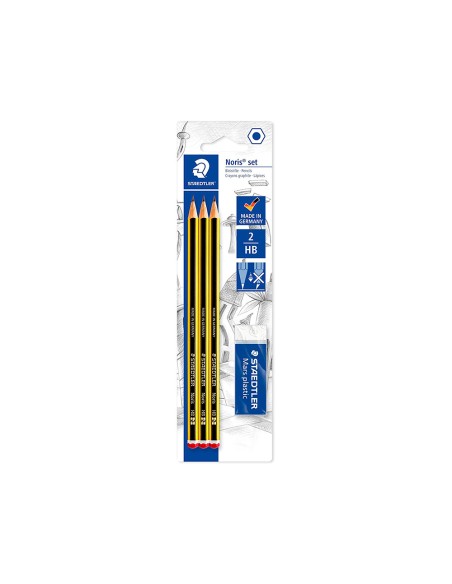 Lapices de grafito staedtler noris n2 hb blister de 3 unidades 1 goma de borrar mars plastic