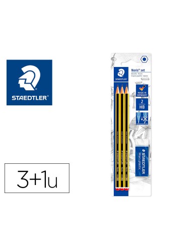 Lapices de grafito staedtler noris n2 hb blister de 3 unidades 1 goma de borrar mars plastic