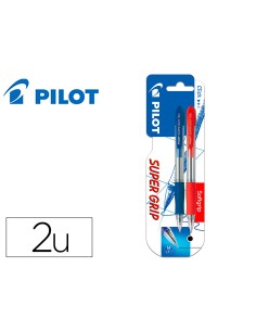 Boligrafo pilot super grip retractil sujecion de caucho tinta base de aceite en blister 1 azul 1 rojo