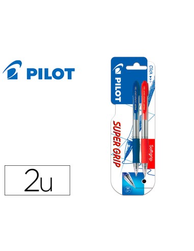 Boligrafo pilot super grip retractil sujecion de caucho tinta base de aceite en blister 1 azul 1 rojo