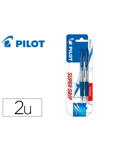 Boligrafo pilot super grip azul retractil sujecion de caucho tinta base de aceite en blister de 2 unidades