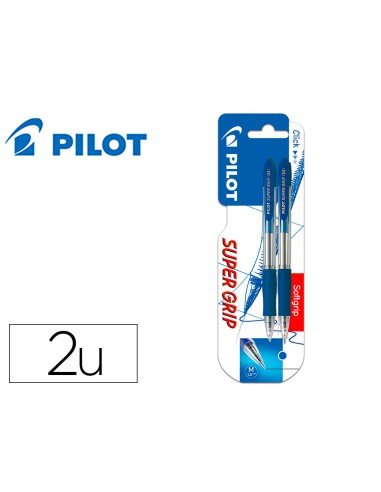 Boligrafo pilot super grip azul retractil sujecion de caucho tinta base de aceite en blister de 2 unidades