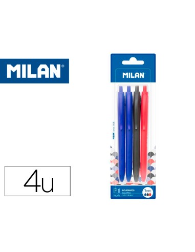 Boligrafo milan p1 retractil 1 mm touch blister de 4 unidades colores surtidos