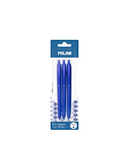 Boligrafo milan p1 retractil 1 mm touch azul blister de 3 unidades
