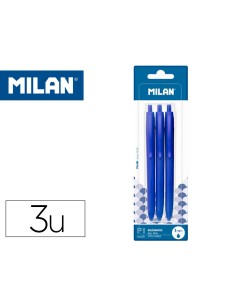 Boligrafo milan p1 retractil 1 mm touch azul blister de 3 unidades