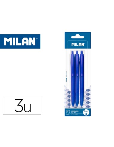 Boligrafo milan p1 retractil 1 mm touch azul blister de 3 unidades