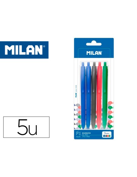 Boligrafo milan p1 retractil 1 mm touch blister de 5 unidades colores surtidos