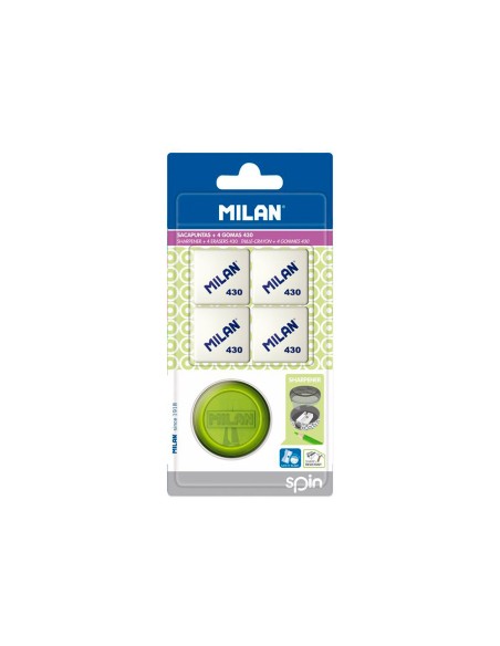 Sacapuntas milan spin plastico 1 uso 4 gomas de borrar 430