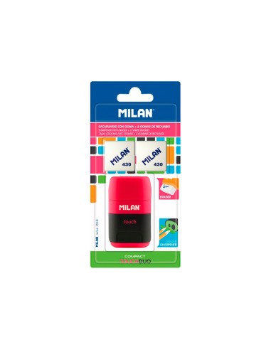 Sacapuntas milan compact touch duo plastico 2 usos con goma 2 recambios de goma en blister
